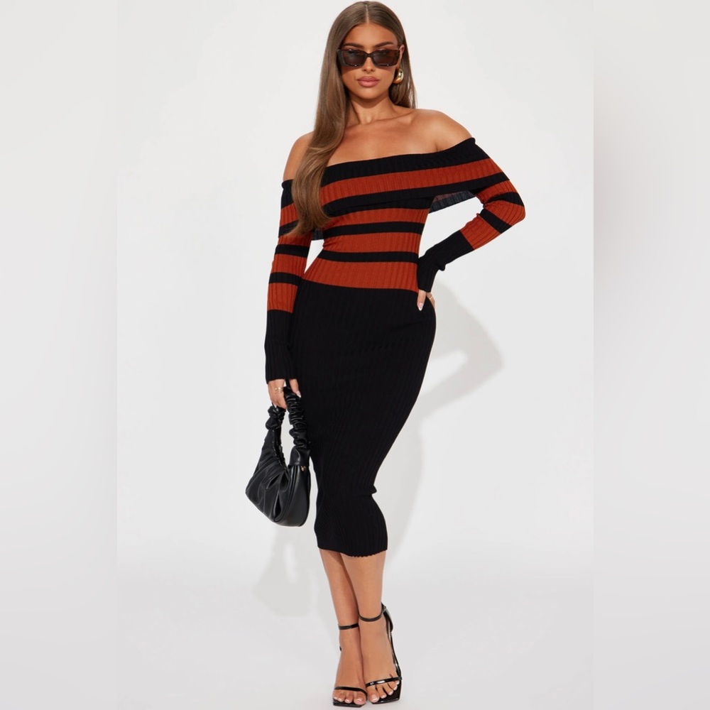 Off the shoulder striped sweater midi dress
